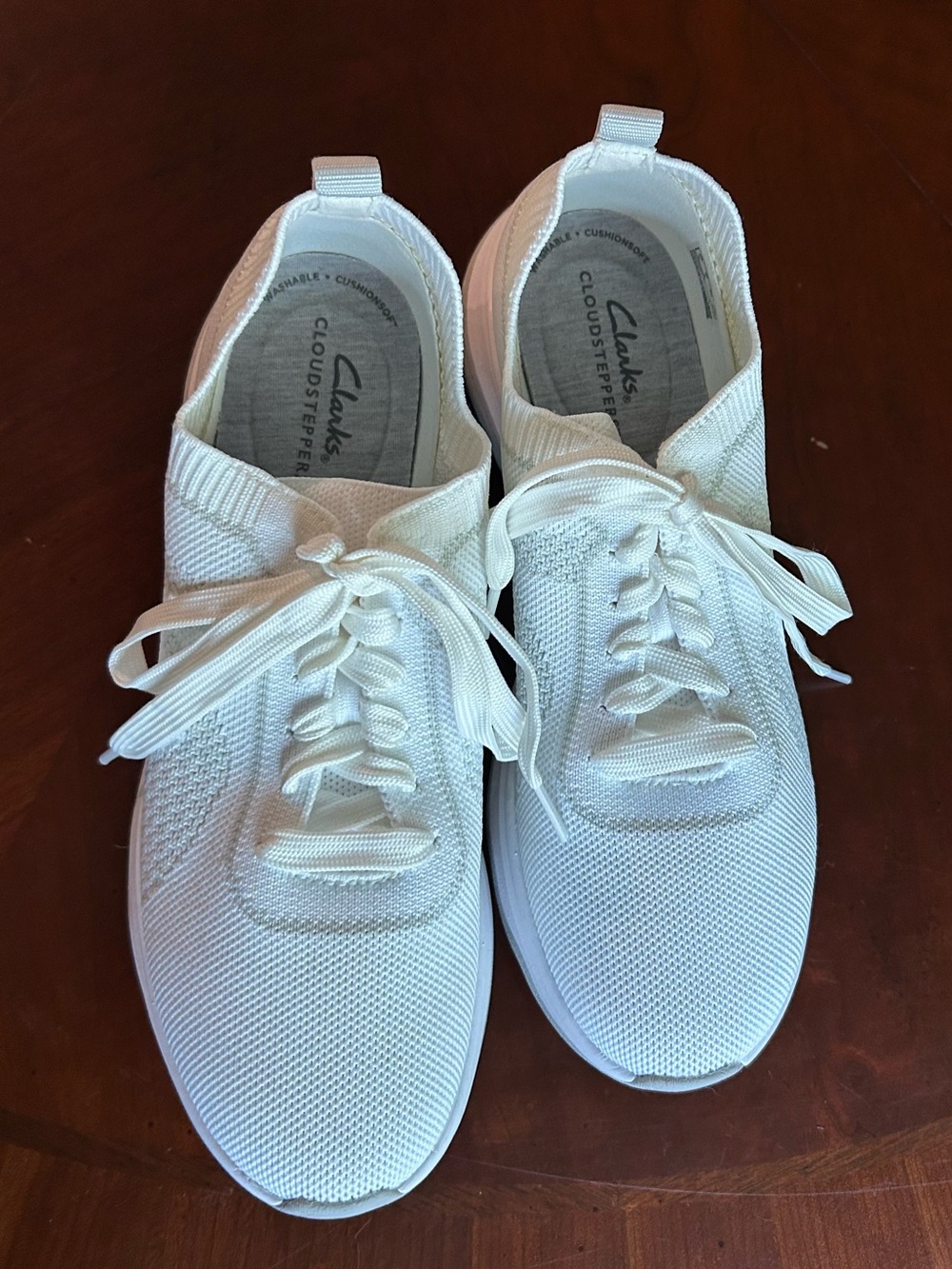 Clarks White Knit Cloudstepper Slip-On Sneakers